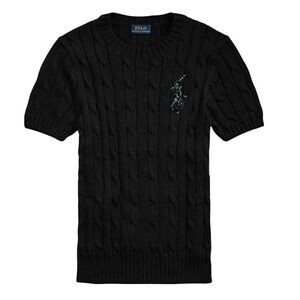 Polo Ralph Lauren Cable Knit Sweater Short Sleeve Beaded Pony Logo Black XS